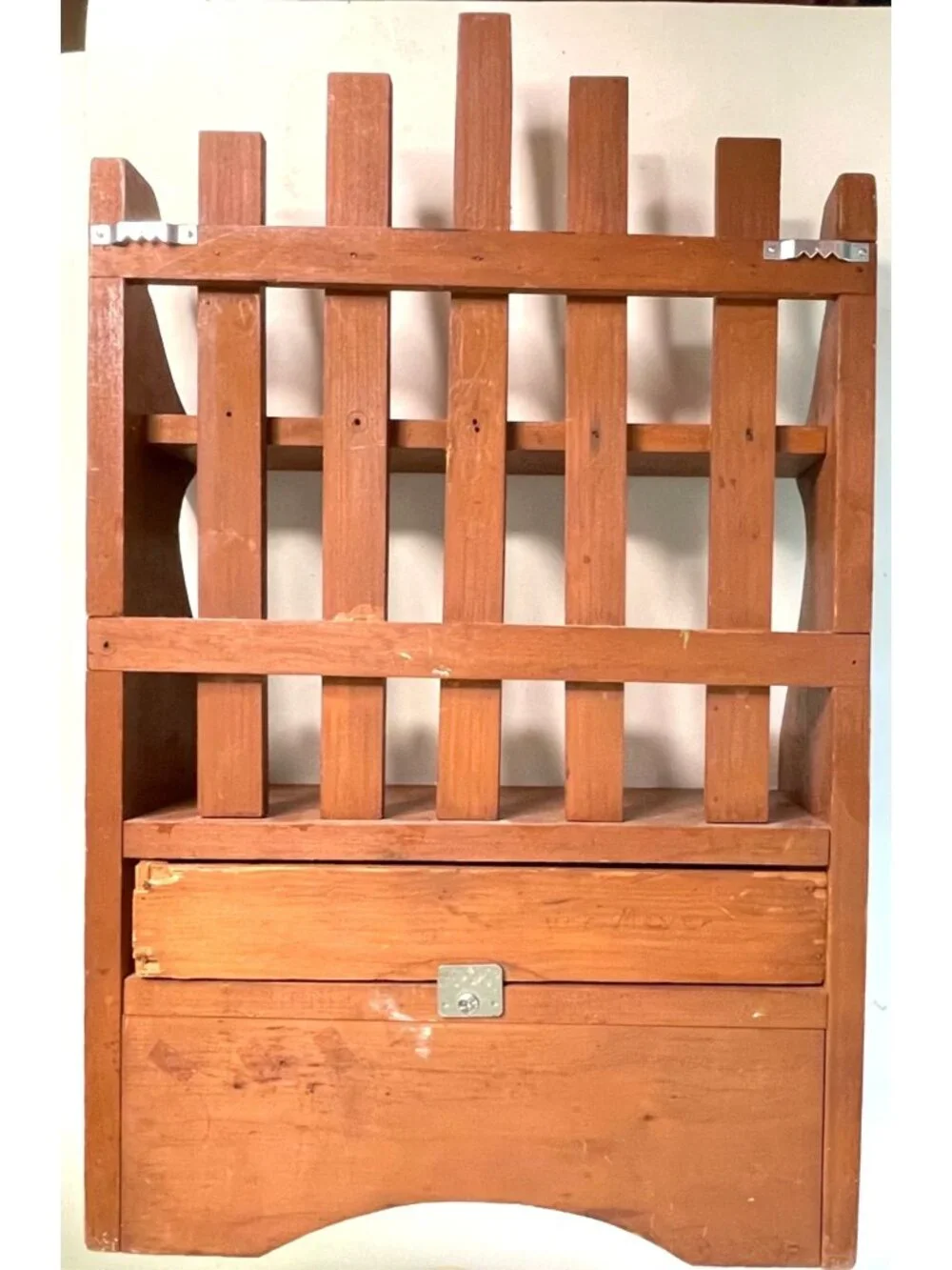 Vintage Handcrafted Wood Wall Organizer Shelf Rack with Drawer 19